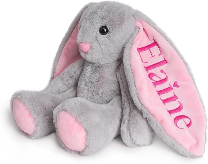 Custom Plush Bunny Toys with Child's Name, Embroidered Bunny Stuffed Animals for Baby Toddlers, Personalized Birthday Gift for Baby Girls Boys (Grey)
