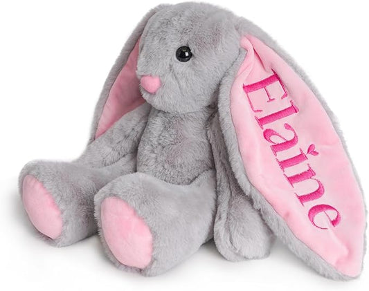 Custom Plush Bunny Toys with Child's Name, Embroidered Bunny Stuffed Animals for Baby Toddlers, Personalized Birthday Gift for Baby Girls Boys (Grey)