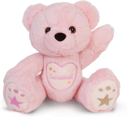 Custom Teddy Bear with Name Embroidery – 360° Rotating Plush Bear Stuffed Animals for Kids Toddler, Personalized Birthday Gifts for Girls Boys (Pink)