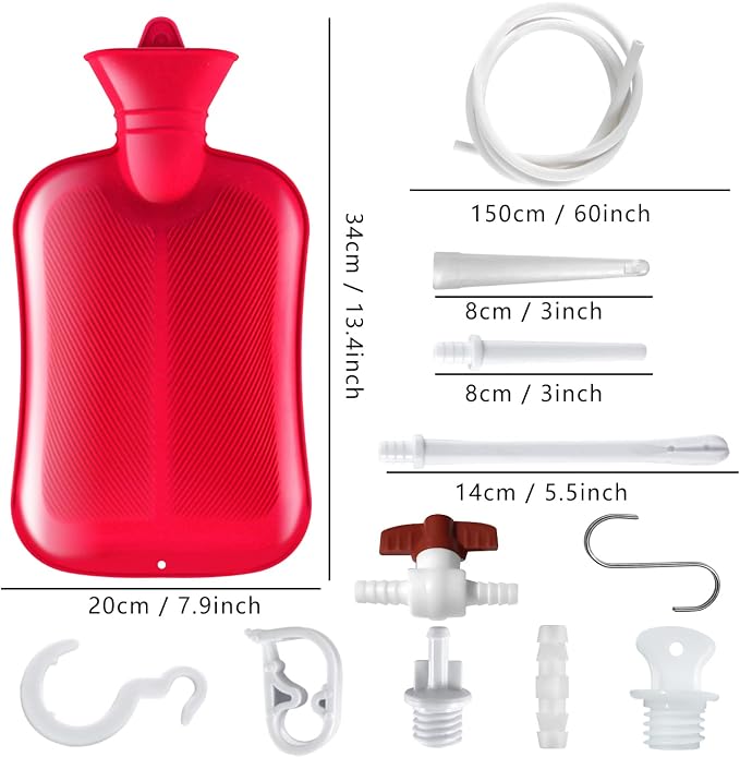 2 L Enema Bag Home Enema Kit with 3 Enema Tips,60 inch Long Silicone Hose, Controlable Water Flow Valve, Hot-Water Bottle for Colon Cleansing Enemas for Women/Men（Red）