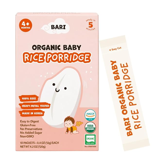 BARI Organic Baby Rice Porridge – Stage 1 – First Food for Babies 4+ Months | USDA Organic, Heavy Metal Tested, Korean Rice Cereal, No Added Sugar, Gluten-Free | 4.2 oz (10 Packets)