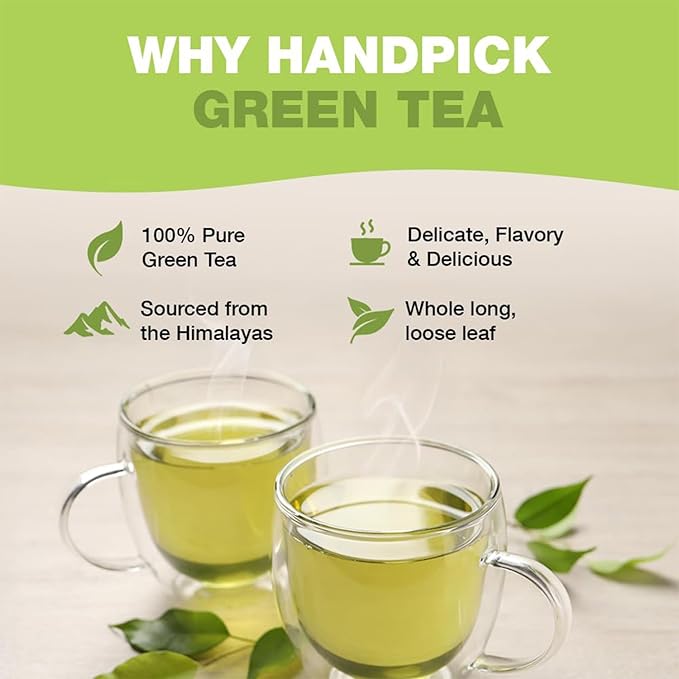 HANDPICK, Green Tea Loose Leaf (255g/9oz) 127 Cups | Non-GMO, 100% Pure Green Tea Leaves Sourced from Himalayas, India | Resealable Ziplock Pouch