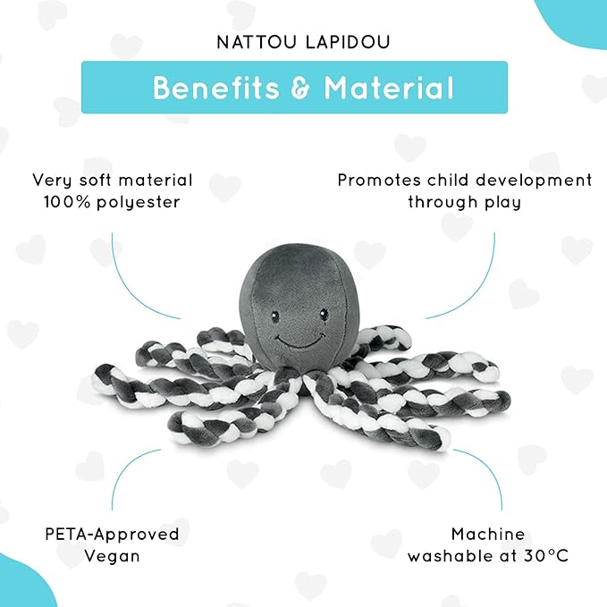 Nattou Cuddly Octopus Toy, for Newborns and Premature Babies, 23 cm, White/Grey