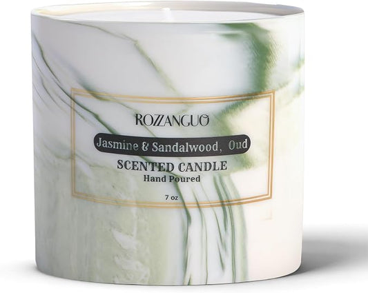 Luxury Marble Jar Scented Candle | Women Men | Non Toxic 100% Natural Coconut & Soy Wax Blend Cotton Wick | Hand Poured Highly Scented Long Lasting (Jasmine & Sandalwood, Oud, 7 Ounces)