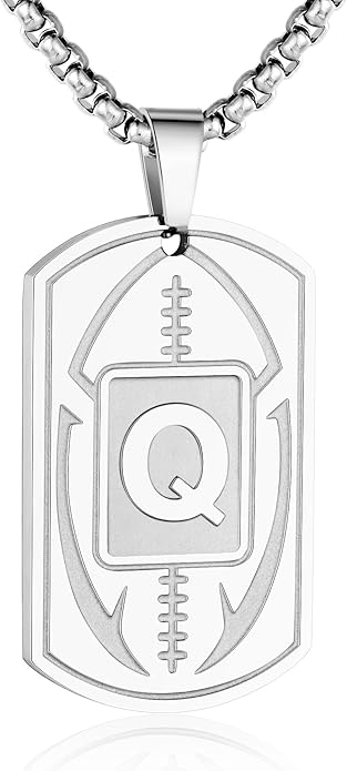 Initial A-Z Dog Tag Necklace for Men - Football Charm Pendant, Stainless Steel Chain 22+2 Inches, Personalized Sports Athletes Jewelry Gift