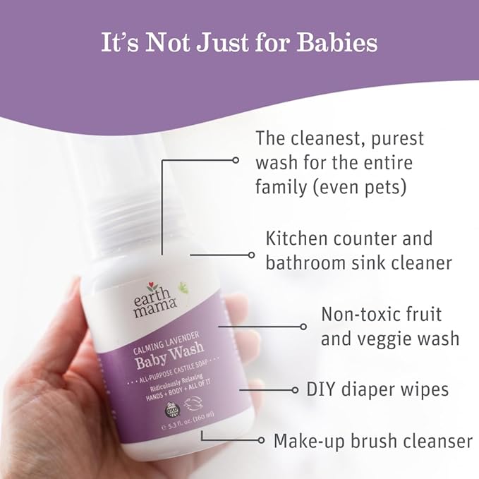 Earth Mama Calming Lavender Baby Wash Liquid Foaming Hand Soap, Organic All-Purpose Lavender Body Wash for Sensitive Skin, Castile Soap with Coconut Oil, Shea Butter, Calendula, & Aloe, 5.3Fl Oz (2PK)
