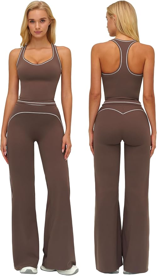 ABOCIW Two Piece Workout Sets for Women Racerback Tank Top Matching High Waist Wide Leg Yoga Pants Pilates Outfits