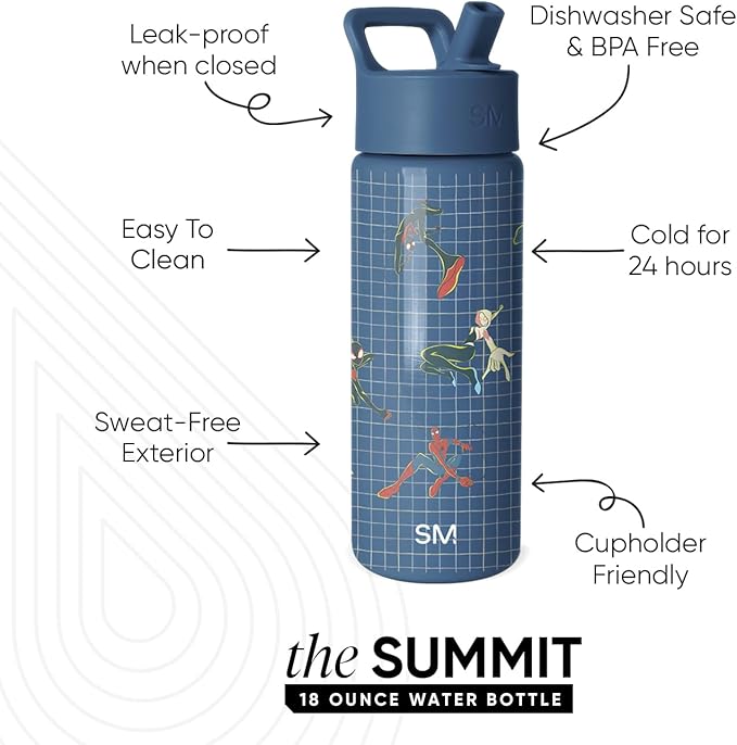 Simple Modern Kids Summit Water Bottle with Straw Lid | Marvel 18oz Stainless Steel Cup Insulated Tumbler for Toddlers, Boys, School | Spiderman Friends