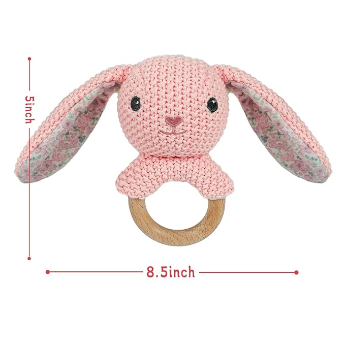 Baby Toys Stuffed Animals Handbell,Rabbit Rattle Toy Wooden Rattle Toys for Baby,Knit Bunny Stuffed Animal Cute Rattle with Teether Ring Newborn Birthday Gifts（Bunny）