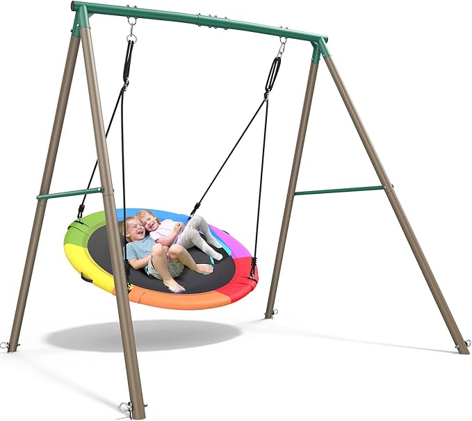 Hapfan 50" Large Saucer Swing with Frame for Kids Outdoor, 6.5 ft Tall 500 lbs Swing Sets for Backyard, Heavy Duty Metal Outdoor Swingset for Adults