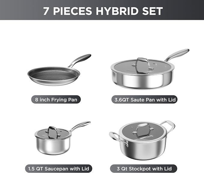 COOKER KING 7pcs Stainless Steel Cookware Set, Hybrid Pots and Pans Set | Non Stick, Non-Toxic, PFOA Free, Oven Safe, Induction Compatible