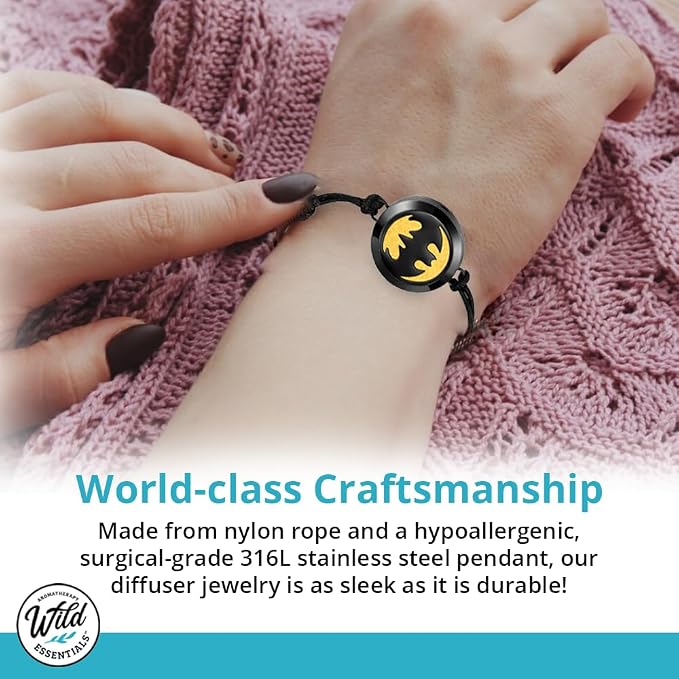 Wild Essentials Black Chrome Bat Essential Oil Diffuser Bracelet Gift Set with Aromatherapy Pendant, Adjustable Nylon Band, 12 Pads and 100% Pure Oils; Lavender, Lemongrass, Orange and Peppermint