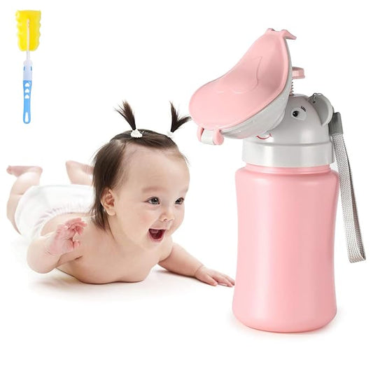 ONEDONE Portable Urinal for Kids 17 OZ Pee Bottle with Clean Brush Travel Urinal for Kids Baby Child Pee Cup for Girls Emergency Toilet for Camping Car Travel and Kid Potty Training (Pink)