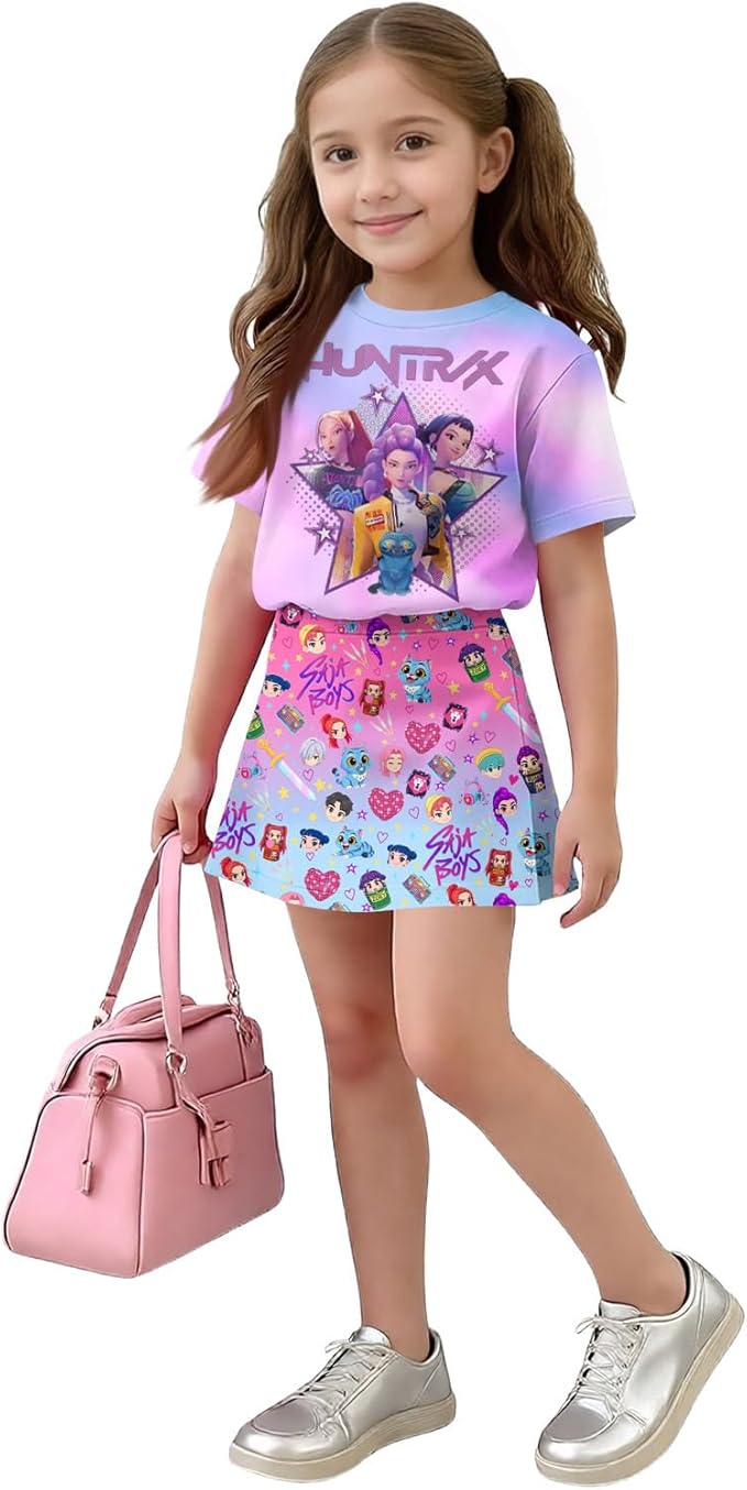 HTHLVMD K Pop Short Sleeve T-Shirt and Skirts Outfits Set for Girls Hunters Rumi Mira Zoey Graphic Tees De-Mon Costume
