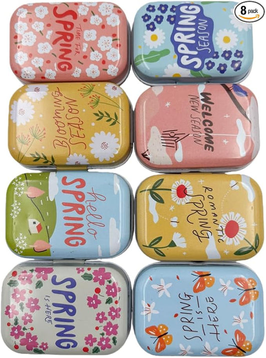8Pcs Metal Hinged Tin Box Container Floral Farmhouse Rustic Mini Portable Small Storage Container Kit with Lid for Home Storage 2.1x1.5x1 Inch (Pink)