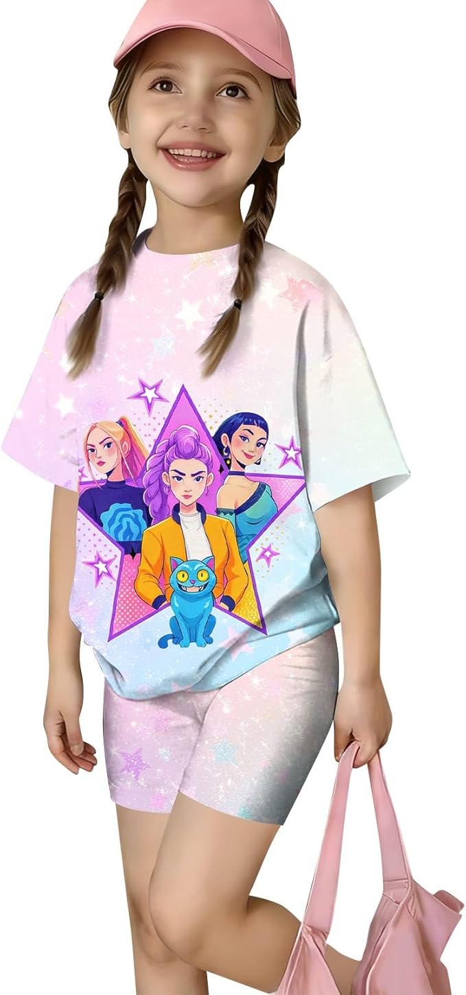 K-POP DEM0N Hunters Outfits for Girls, 2 Piece T-Shirts and Apparel Sets Birthday Gift
