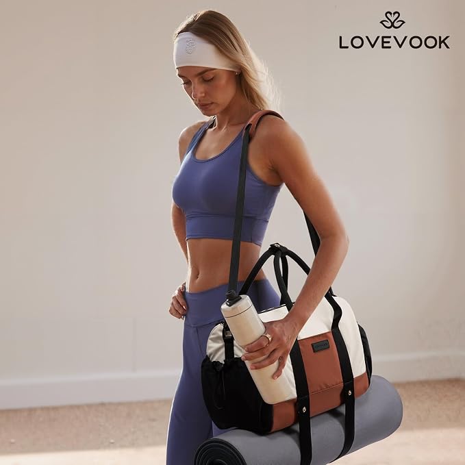 LOVEVOOK Small Gym Bag for Women with Yoga mat Holder, Mini Duffle Bag for Travel with Wet Pocket, Overnight Personal Item Bags (Black-White-Brown, 16.5 inch-Large-2Pcs)