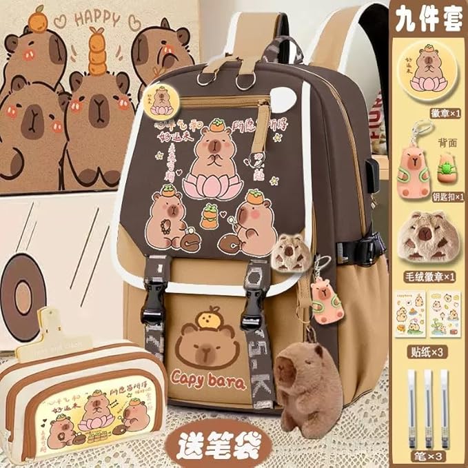 Kapibara Capybara Cartoon Backpack Large Capacity Waterproof Kapibara stuff kawaii backpack with pins and Accessories (pattern 10)