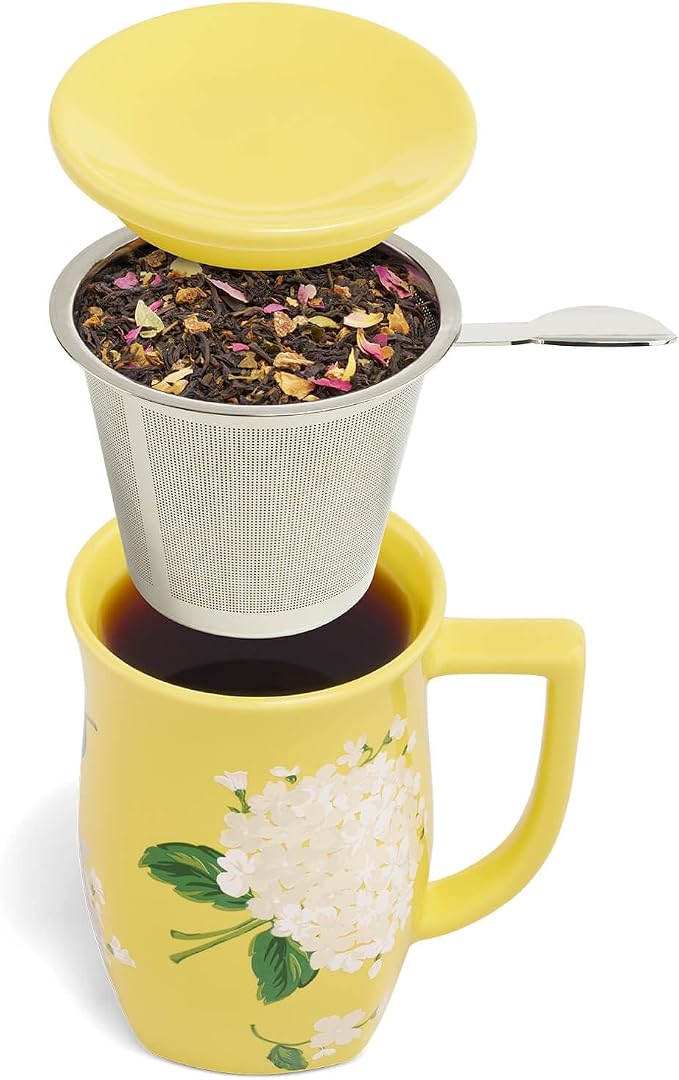 Tea Forte Ceramic Fiore Cup with Handle, Removeable Stainless Steel Infuser Basket and Lid, Steeps 14 oz Loose Leaf Tea, Dishwasher & Microwave Safe, Hydrangea