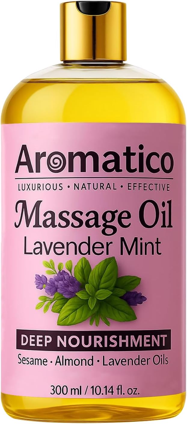 Aromatico Massage Oil with Lavender & Mint Essential Oils, Sesame, Almond & Jojoba Oils Blend, Lightweight Body Massage Oil, 10 Fl Oz