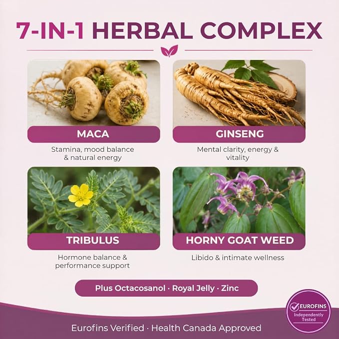Horny Goat Weed for Women | 7-in-1 Hormone Balance with Maca Powder, Tribulus Terrestris, Red Ginseng & More | Third Party Tested Eurofins | Energy Stamina & Intimate Wellness | 60 Vegan Capsules