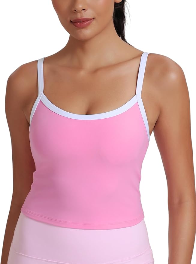 HeyNuts Vintage Color-Block Strappy Crop Tank Top for Womens, Cute Contrasting Trim Yoga Longline Sports Bras Padded A-D Cups