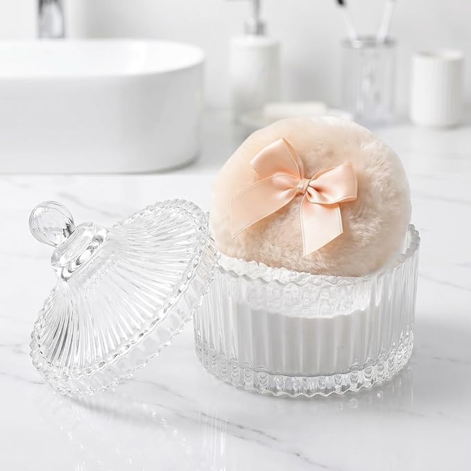 2 Pcs Large Body Powder Puff and Container Powder Container with Puff Powder Puff Crystal Container Soft Washable Reusable Velour Face Body Glitter Powder Puff Wet Dry Makeup (Yellow)