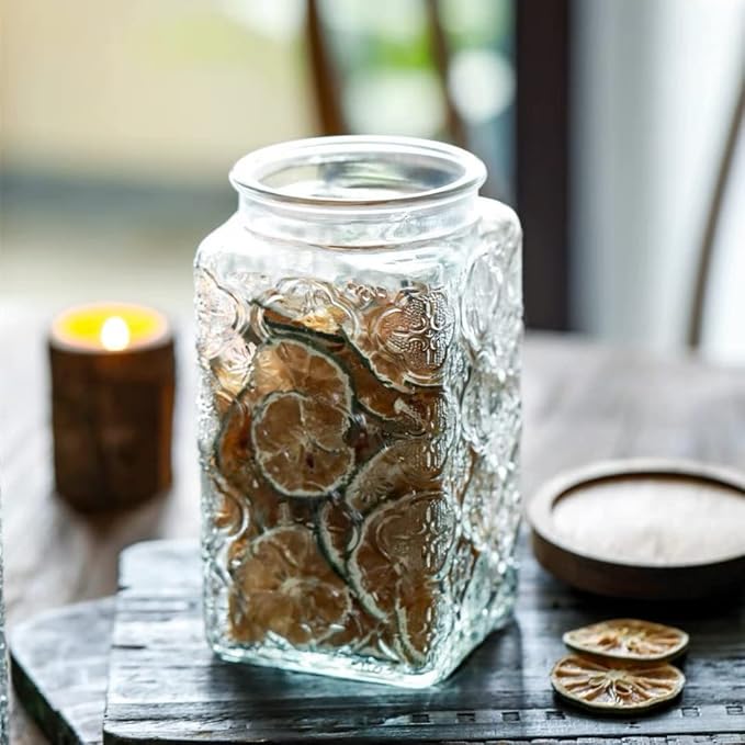 Vintage Glass Storage Jar, 34oz Square Coffee Cainster | Glass Food Storage Container with Lid, Airtight Kitchen Canister for Coffee, Cookie, Tea, Sugar, Candy, Decorative Mason Jar