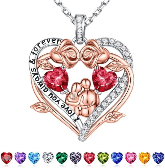 Iefil Valentines Gifts for Her Wife - 925 Sterling Silver Double Heart Birthstone Necklace, Anniversary Birthday Gifts for Women Wife Girlfriend