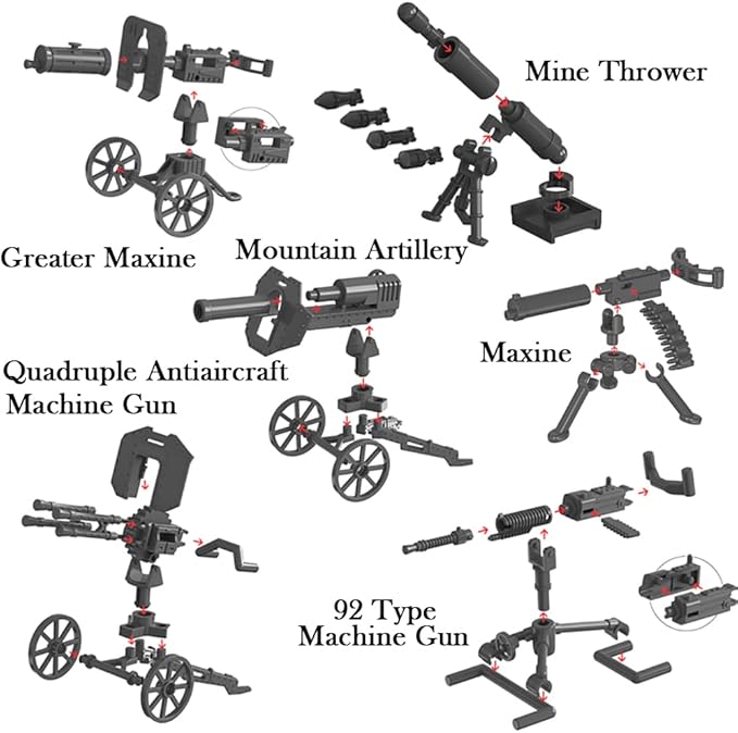Military Weapons Pack Guns and Accessories for Minifigures, Custom Military War Gears Building Blocks Toy, 6 Heavy Weapons and Over 80 Pieces War Equipments for Legomaniacs