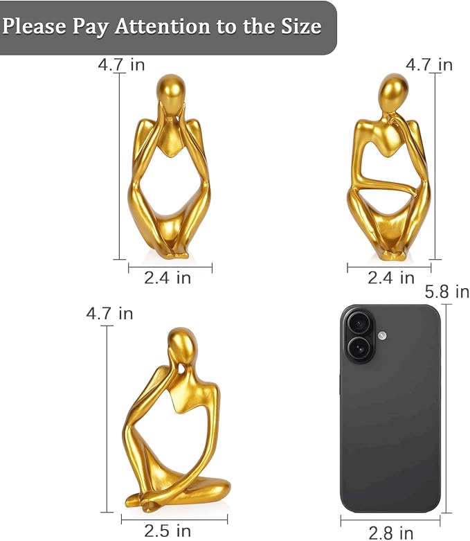 Sandstone Resin Thinker Statue Style Abstract Sculpture, Gold, 3pcs | Small Statue Collectible Figurines, Modern Aesthetic Ornament for Home Office Bookshelf Desktop Coffee Table Decor