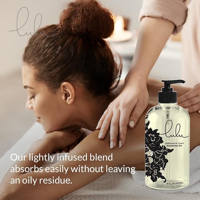 Lulu Geranium Massage Oil with Sweet Almond & Jojoba Oils Lightweight Non-Greasy Body Oil for Smooth Skin & Relaxation joint and muscle Aromatherapy for Couples Massage & Massage Therapy 16 fl oz Pump