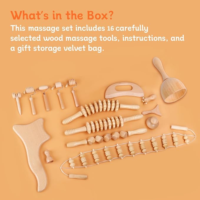 16-in-1 Wood Therapy Massage Tools Gua Sha, Maderoterapia Kit Muscle Pain Relief, Lymphatic Drainage, Body Sculpting Kit with Facial Wood Roller Fascia Massage