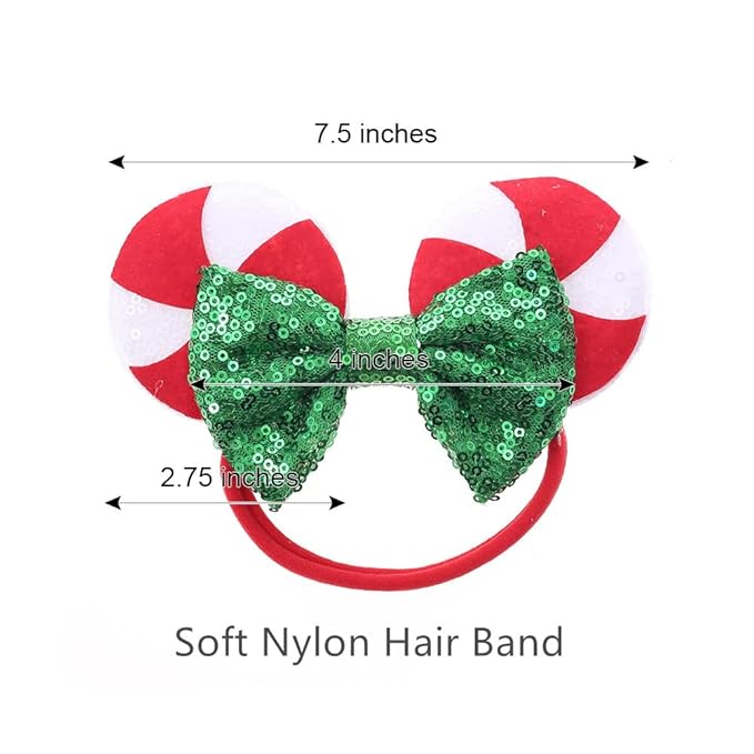 JIAHANG Christmas Mouse Ear Nylon Headband with Sequin Bow and Lollipop Pattern, Red Soft Elastic Hair Bow Hair Band, Party Headwear for Baby Girls