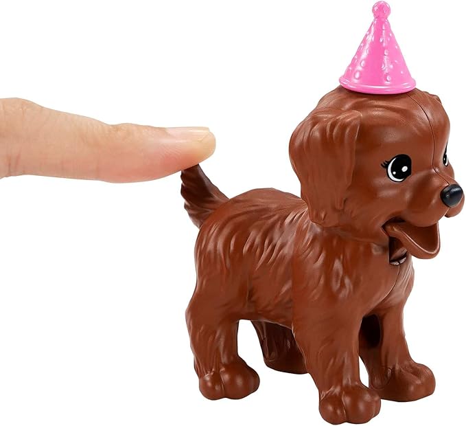 Barbie Puppy Party Doll and Playset, Blonde Doll with Sunflower Dress, 2 Pet Puppies, Cake Mold, Dough and Accessories