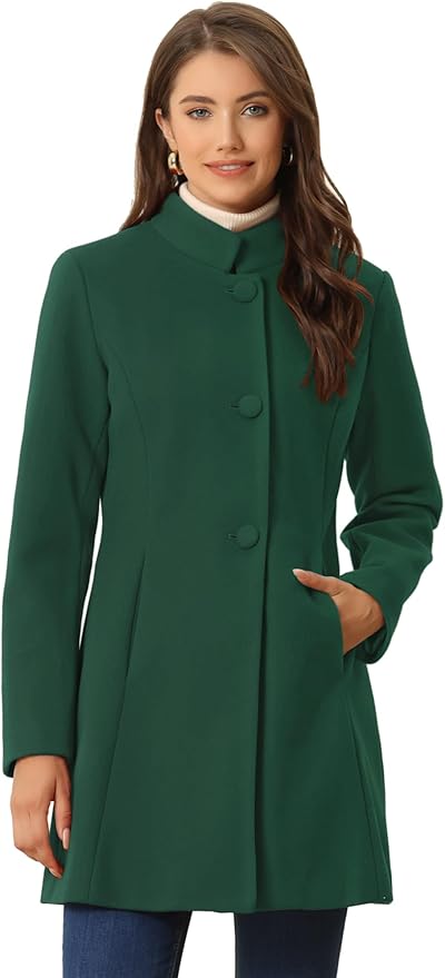 Allegra K Women's Winter Overcoat Mid-Long Stand Collar Single Breasted Coat Outerwear