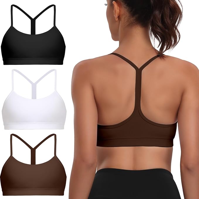 Raxnode Women's 3-Pack Y-Back Sports Bra, Thin Spaghetti Strap Nylon Yoga Bra with Removable Cups, Light Support Bralettes
