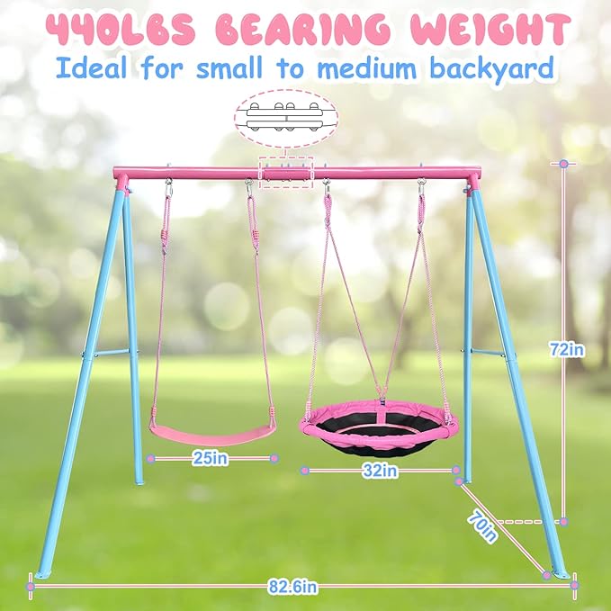 JYGOPLA 440lbs 2 Seat Kids Small Swing Sets for Backyard, 1 Saucer Tree Swing 32 inch, 1 Belt Swings, Heavy Duty Metal Swing Stand with Anchors(Pink+Blue)