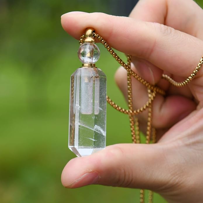 YGLINE Perfume Bottle Necklace,Essential Oil Bottle Pendant,Hexagon Prism Bottle Pendant,Various Gemstones,Healing Stones,Women Gifts
