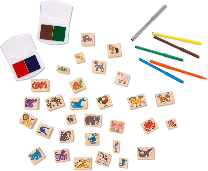Melissa & Doug Deluxe Wooden Stamp Set: Animals - 30 Stamps, 6 Markers, 2 Stamp Pads Kids Art Projects, Wooden Stamps with Washable Ink, for Kids Ages 4+