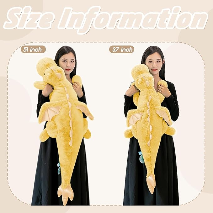 ARELUX Large 37in Cute Dragon Stuffed Animals Plush Toy Soft Yellow Pterosaur Plushie Giant Fuzzy Dinosaur Pillow Plushies with Wings Cuddly for Friends Family Member