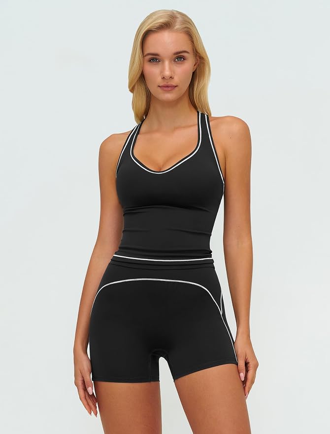 QBGJTD Two Piece Workout Sets for Women Color Block Racerback Tank Tops and High Waist Shorts Gym Yoga Outfits