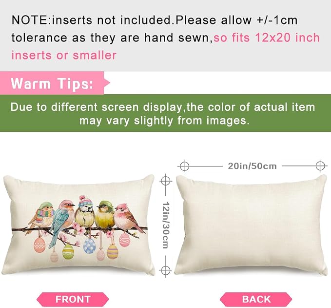 RABUSOFA Easter Pillow Covers 12x20 inch Easter Decorations for Home Pink Birds Colorful Eggs Lumbar Throw Pillows for Bedroom Sofa Holiday Festivals Decor