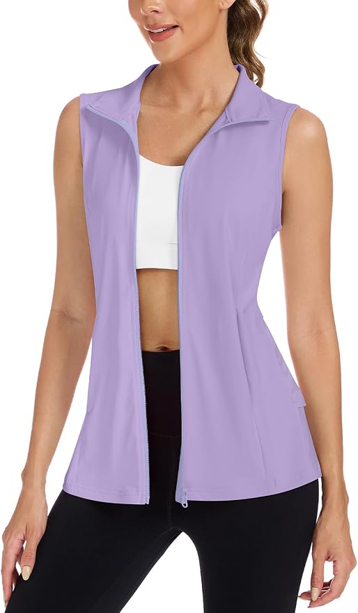 Women's Golf Vest with Pleated Tennis Skirt Hem Lightweight Full Zip Sleeveless Athletic Shirts with Pockets