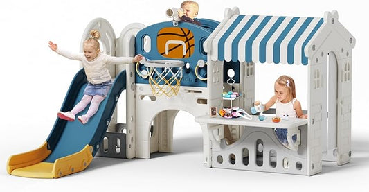 BIERUM 10 in 1 Toddler Slide with Basketball Hoop, Outdoor Slide for Toddlers Age 1-3 with Kid Playhouse, Indoor Toddler Playset Toddler Playground with Kitchen Toys Set Blue Yellow