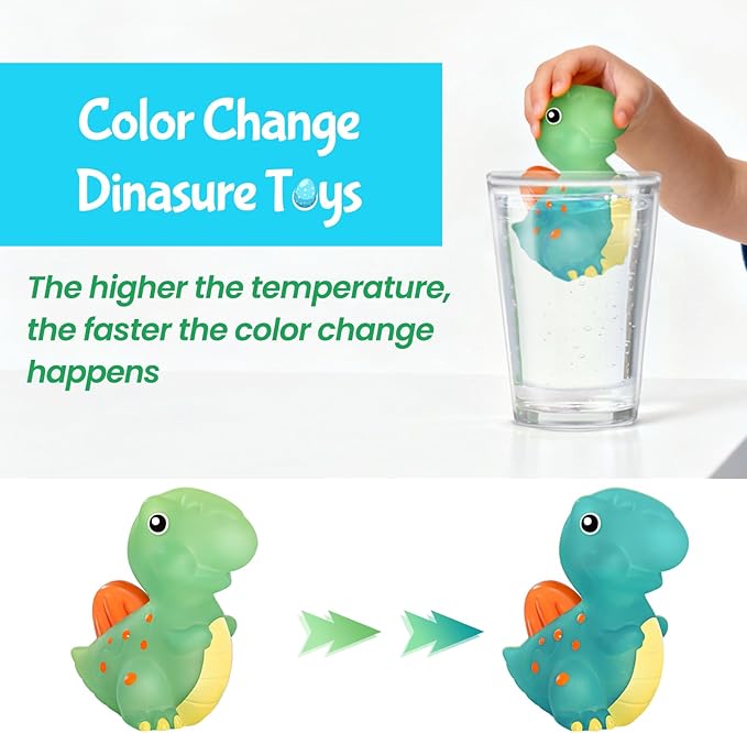 No Hole Dinosaur Bath Toys - Color Change Bath Toys for Toddlers, Fun Water Pool Bathtub Toys for Boys & Girls (with Dino net)