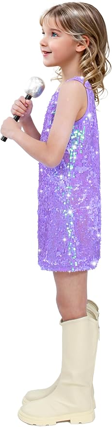 Girls Sequin Dress Sparkly Sleeveless Costume Prom Concert Party Outfit with Glitter Microphone Prop