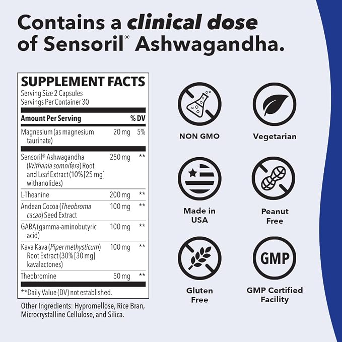 Anxie-T Plus - Extra Strength Stress Relief Supplement - Supports Mood & Mental Focus - Feel Calm and Relaxed - Eases Tension & Nervousness - Ashwagandha, Kava Kava, GABA & L-Theanine - 60 Capsules