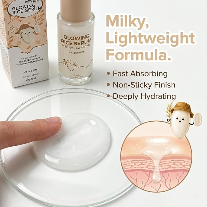 Esfolio made in Korea Rice Serum 1.69 Fl Oz, Lightweight Facial Serum with Rice Extract, Fast Absorbing Daily Face Serum for Soft and Refreshed Skin, Korean Skincare