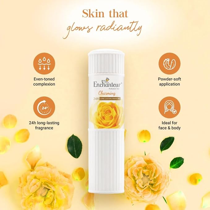 Ench Antaur Charming Perfumed Talcum Powder, Floral French Fragrance for Women, Refreshing & Soothing, Fine Texture, Absorbs Moisture & Prevents Odour, 75g Travel Size, Pack of 2